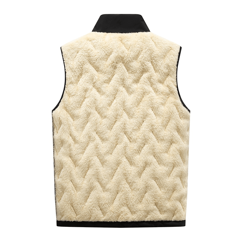 Back view of a warm casual male lambswool vest with stand collar, featuring soft beige texture and classic design, perfect for daily wear.